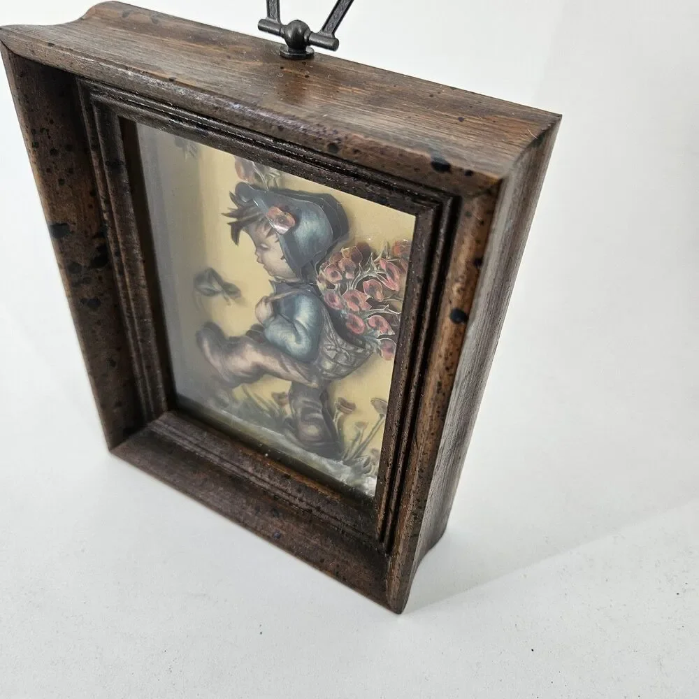 Vintage Hummel Style Shadow Box Frame 3D Art Boy with Flowers Wall Decor Mid